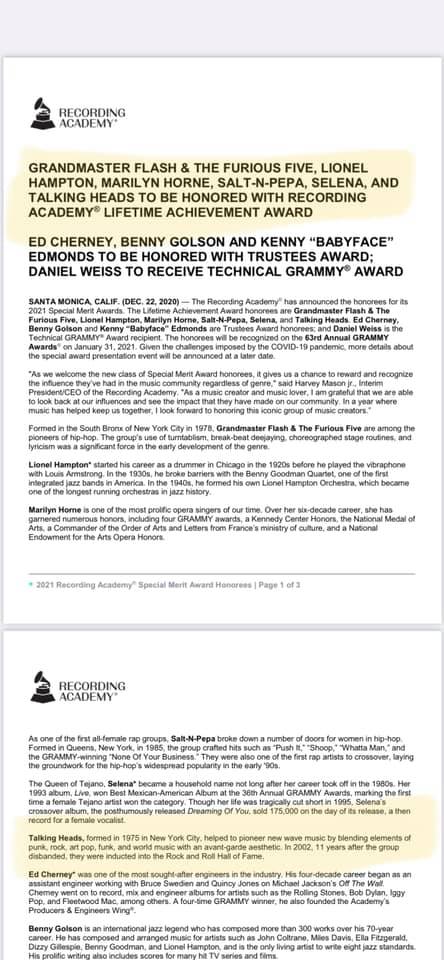 Talking Heads Will Receive 2021 Lifetime Achievement Grammy