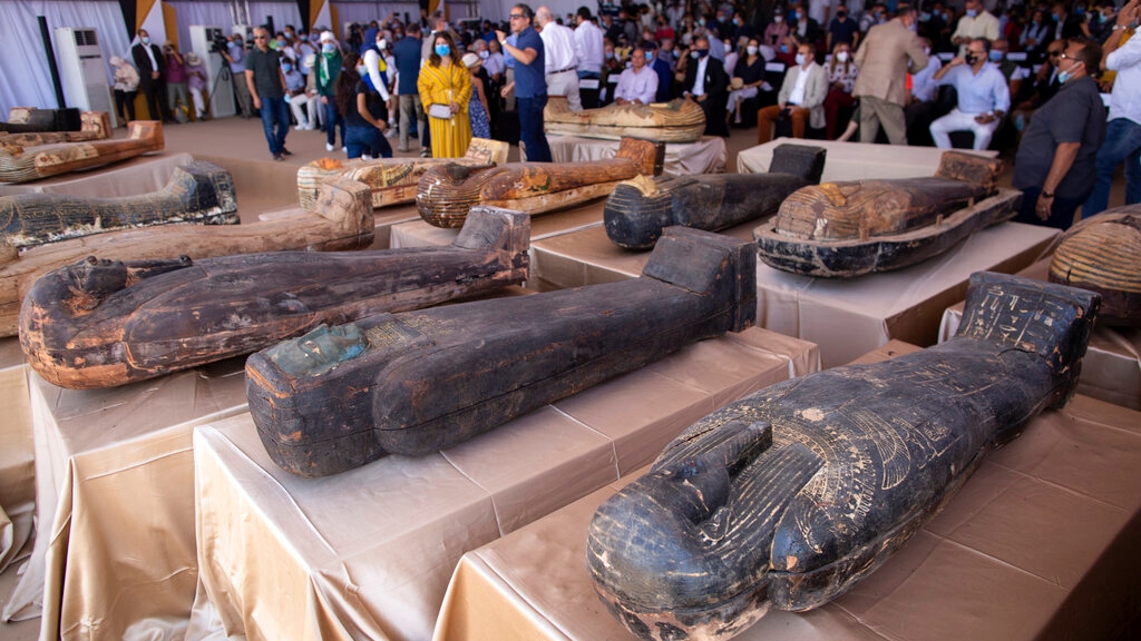 Egypt displays 59 ancient coffins recently discovered near pyramids