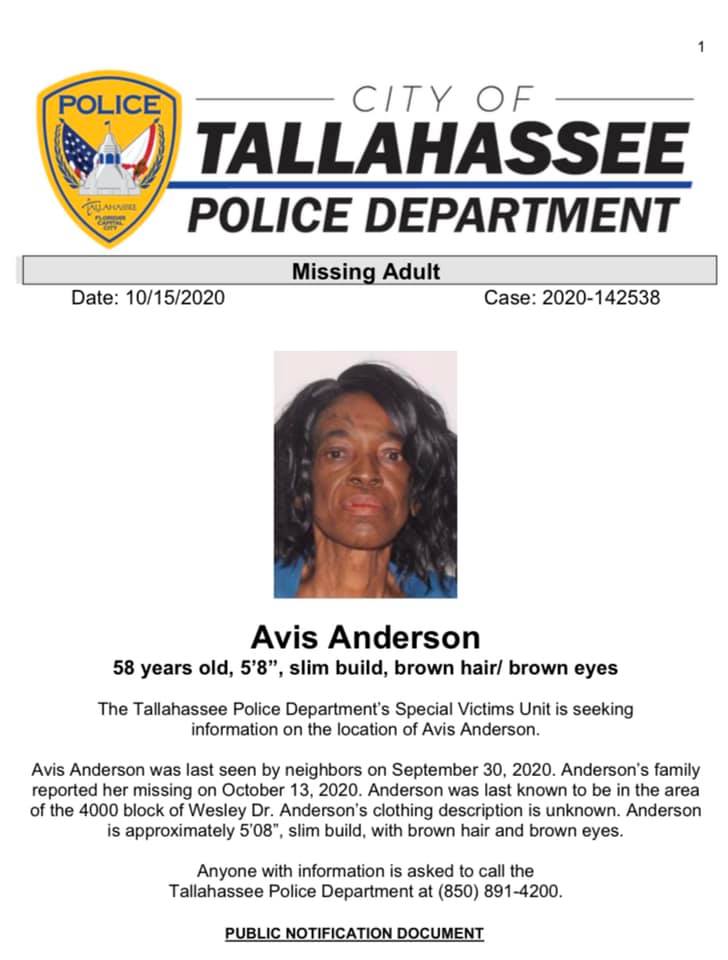 Missing person report: Avis Anderson