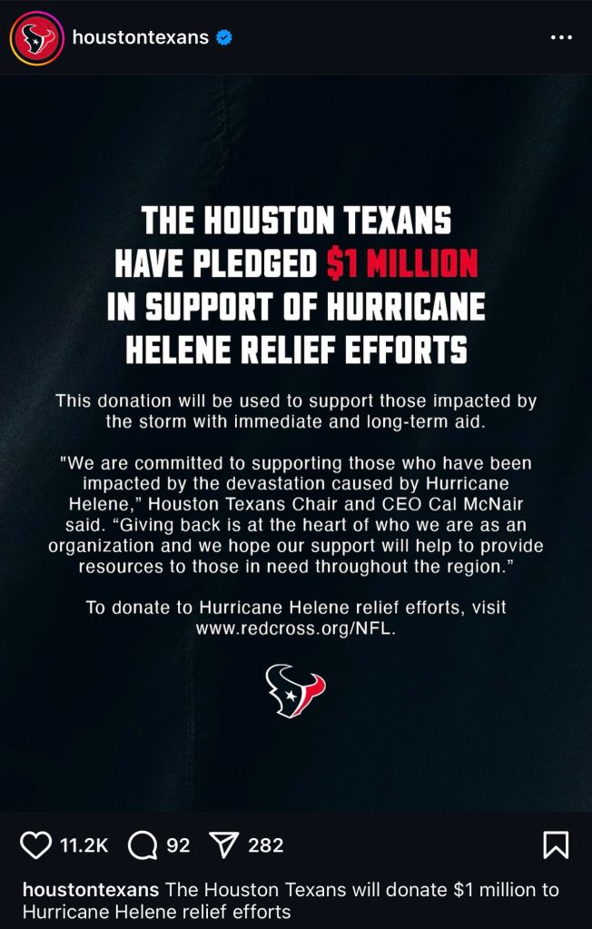 Houston Texans Pledge $1 Million in Wake of Hurricane Helene