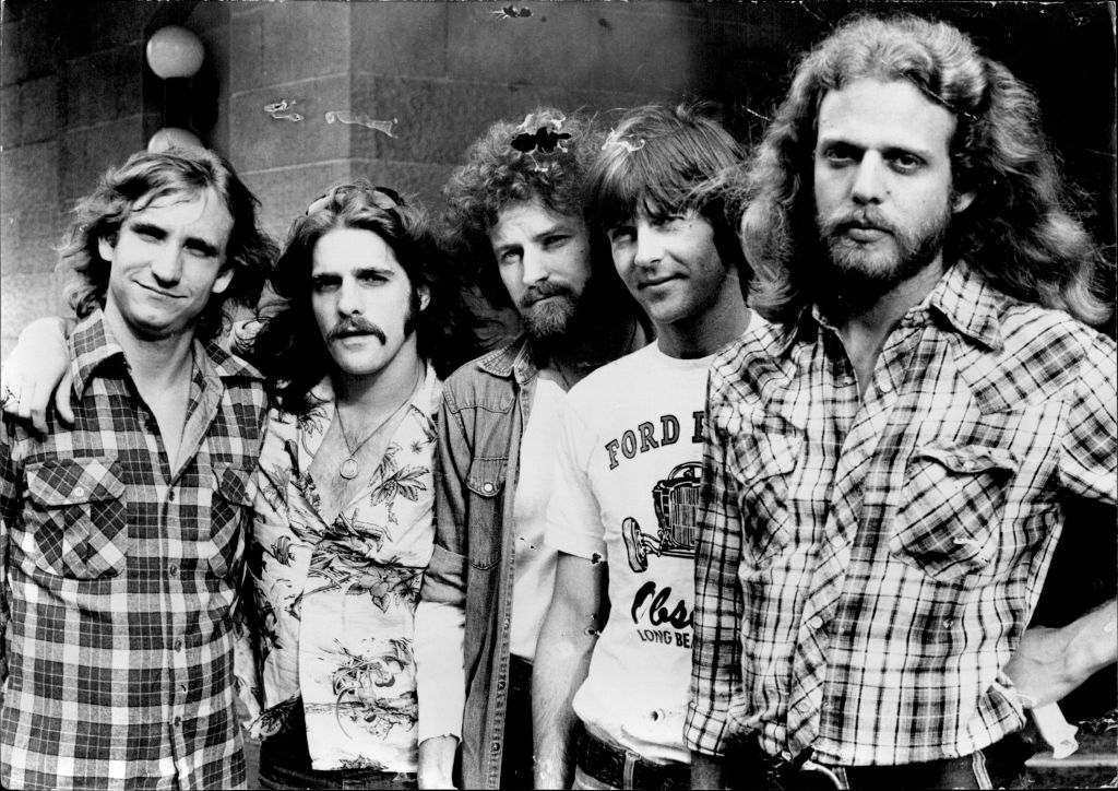 American entertainers, "The Eagles" pictured at their press conference at the Sebel Town House.Left to Right. Joe Walsh, guitar. Glenn Frey, guitar, piano, vocals. Don Henley, drums, vocals. Randy Meidner, bass, vocals & Floridian guitarist, Don Felder.