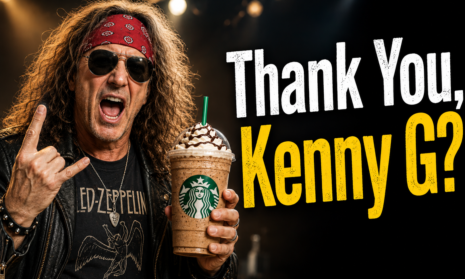 A long-haired man wearing sunglasses and a bandana, shouting while holding a Starbucks drink and making a rock hand gesture.