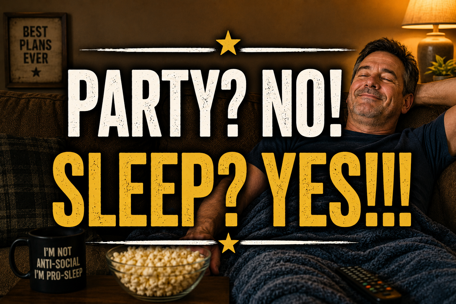 A man relaxing on a couch with a bowl of popcorn, surrounded by text that reads "PARTY? NO! SLEEP? YES!!!" and "I'M NOT ANTI-SOCIAL, I'M PRO-SLEEP".