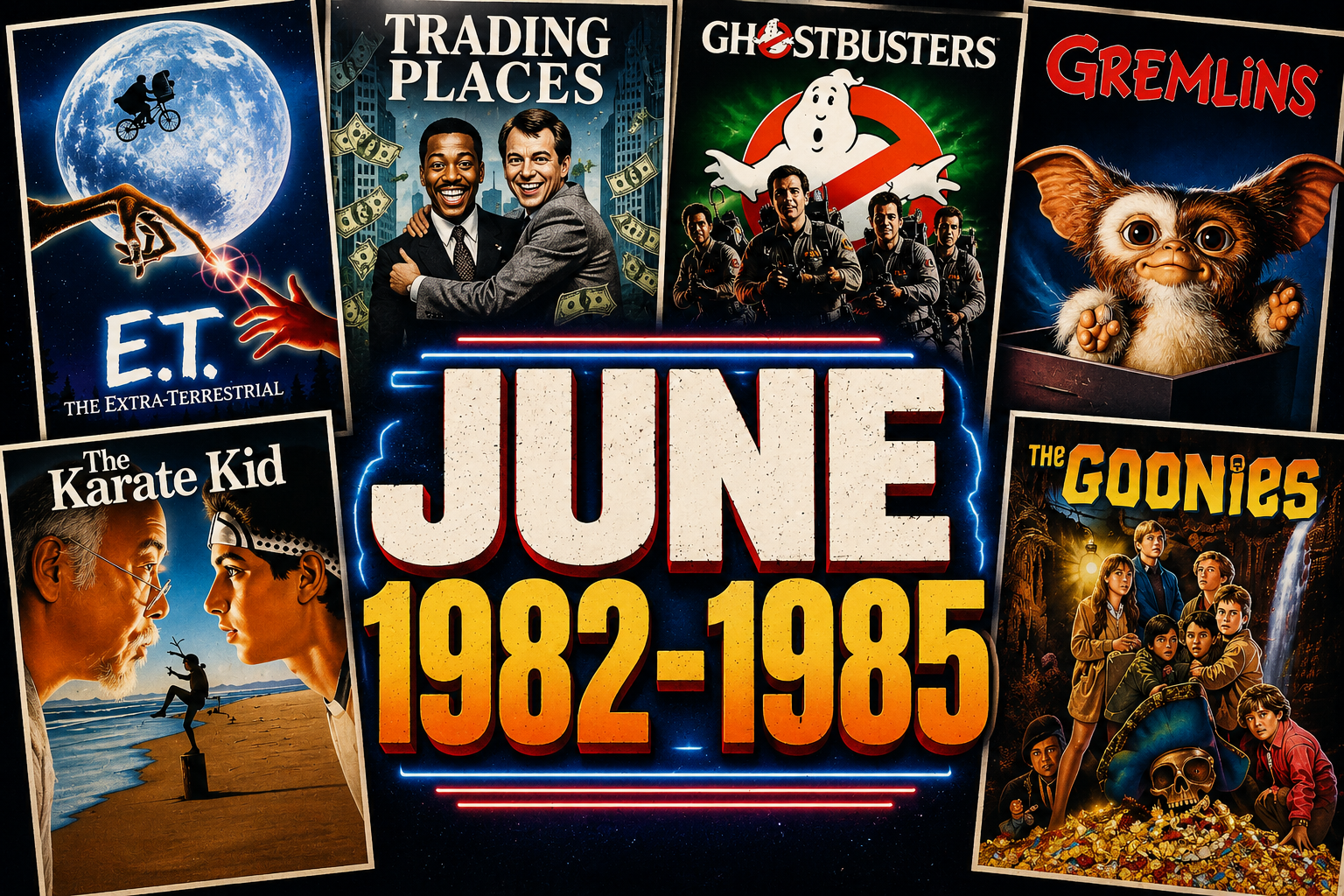 Collage of movie posters for classic 1980s films including E.T. the Extra-Terrestrial, Trading Places, Ghostbusters, Gremlins, The Karate Kid, and The Goonies, with the text "JUNE 1982-1985" in the center.