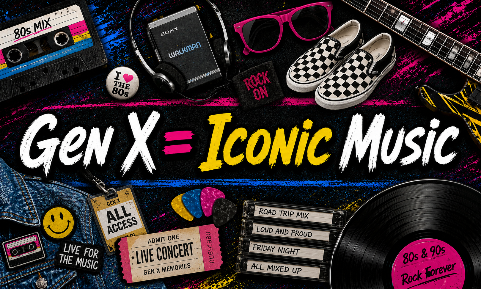Collage of 1980s-themed items including a cassette tape, Walkman, sunglasses, checkered Vans shoes, and text reading "Gen X = Iconic Music" and "80s & 90s Rock Forever".