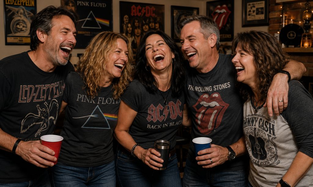 A group of five people, including three women and two men, laughing and embracing while holding drinks. They are wearing t-shirts featuring the logos of classic rock bands Led Zeppelin, Pink Floyd, AC/DC, and The Rolling Stones.