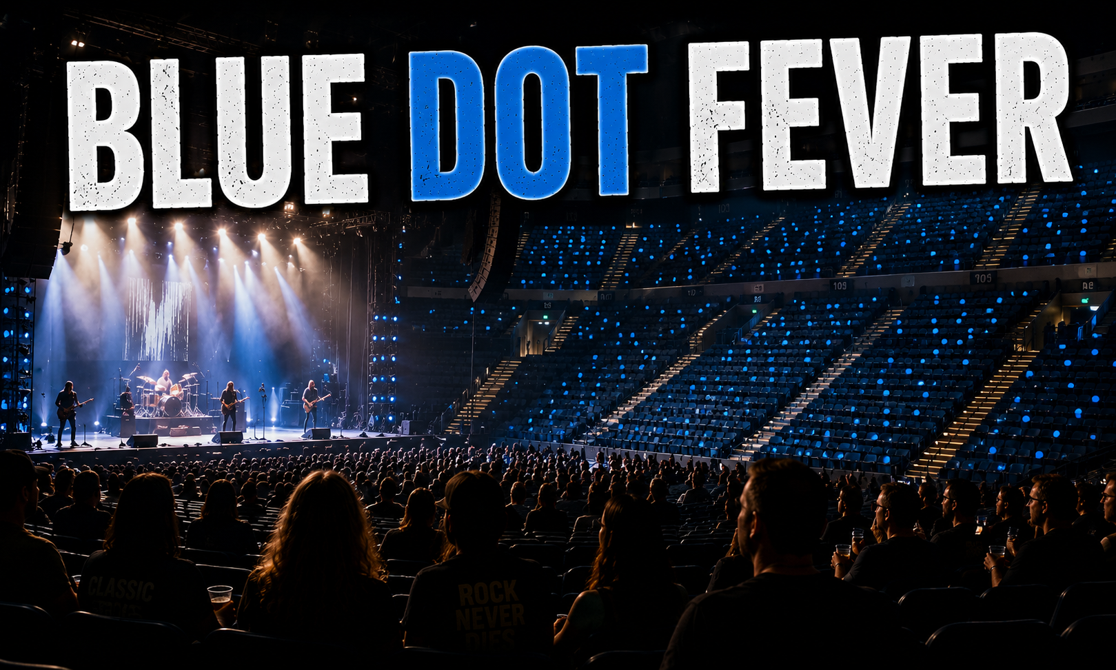 A large concert stage with the text "BLUE DOT FEVER" displayed prominently. A band is performing on stage in front of a packed audience.