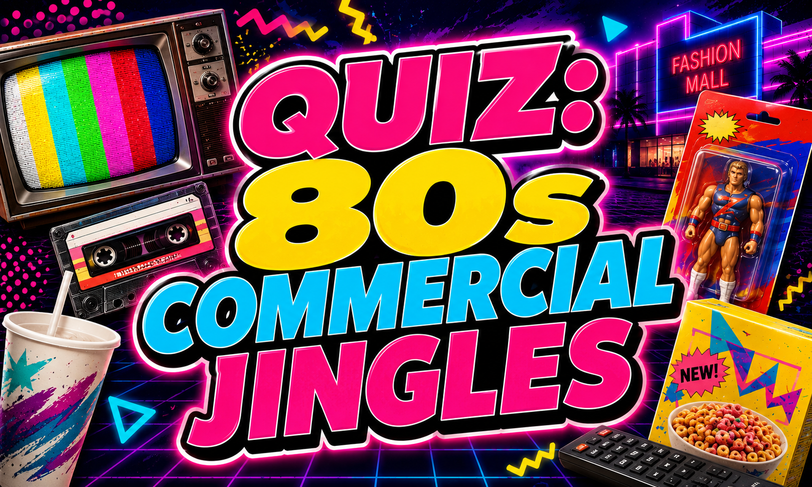 Colorful 1980s-themed collage featuring a retro TV, cassette tape, action figure, cereal box, and text reading "Quiz: 80s Commercial Jingles".