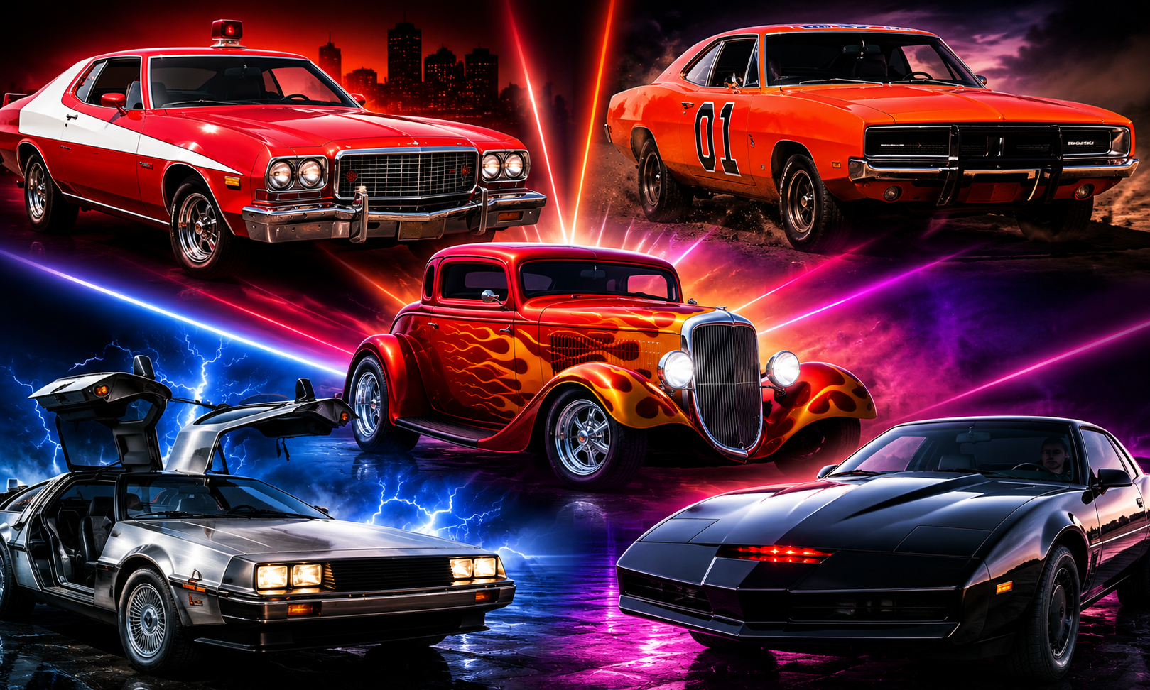 Collage of classic American muscle cars, including a red Ford Torino, orange Dodge Charger, red hot rod, and black Pontiac Firebird, against a dramatic neon-lit urban backdrop.