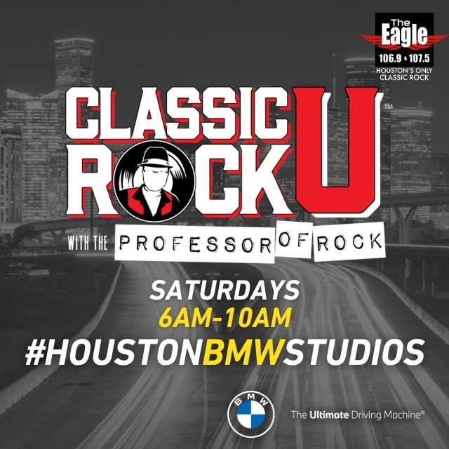 Classic rock radio show logo with cityscape backdrop and "The Eagle" station branding