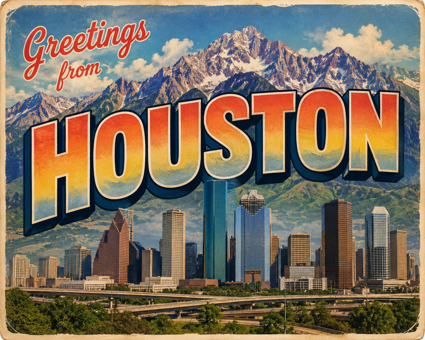 Vintage postcard-style image with "Greetings from Houston" text and a skyline of the Houston, Texas cityscape against a backdrop of snow-capped mountains.