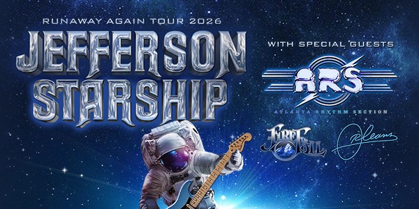Poster for the "Runaway Again Tour 2026" featuring the band Jefferson Starship with special guests ARS, Firefall, and Ambrosia.