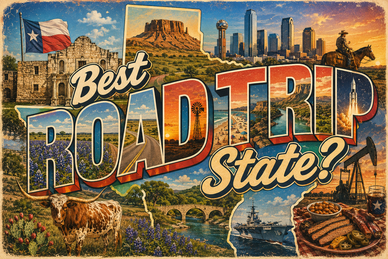 Vintage-style postcard featuring iconic Texas landmarks and scenery, including the Alamo, Dallas skyline, and cowboy on horseback, with text "Best Road Trip State?
