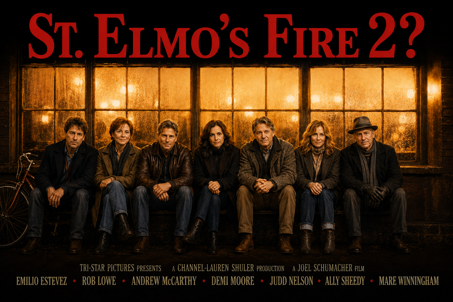 Seven people sitting on a bench in front of a window with the text "St. Elmo's Fire 2?" displayed above.