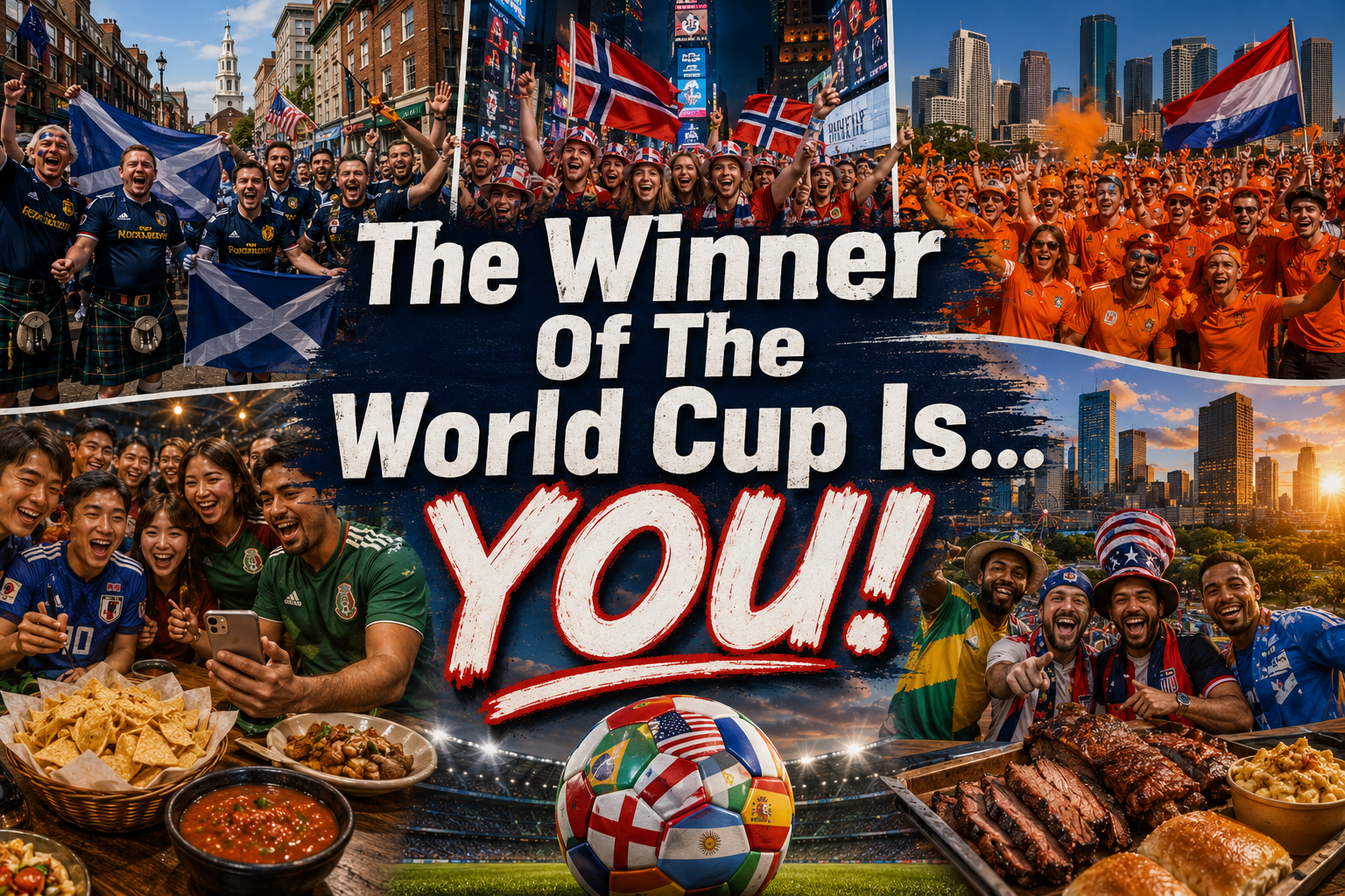 A large crowd of people waving flags and holding a banner that says "The Winner of the World Cup Is... YOU!" with various sports and food imagery.