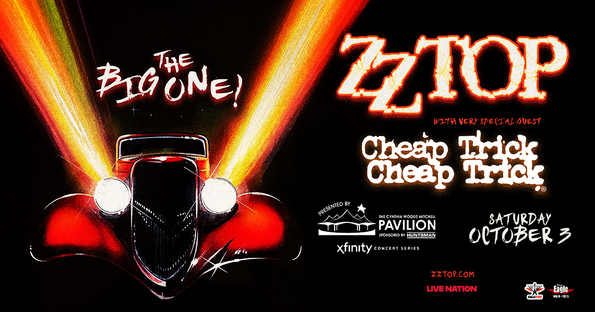 Poster for a ZZ Top concert with Cheap Trick as the opening act, presented by the Cynthia Woods Mitchell Pavilion and Xfinity concert series, taking place on October 3.