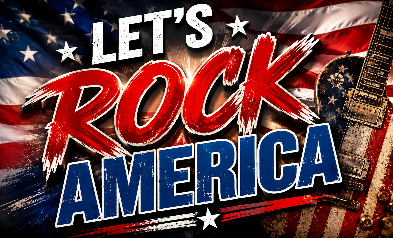 An American flag-themed graphic with the text "LET'S ROCK AMERICA" in large red letters, along with a guitar and other patriotic imagery.