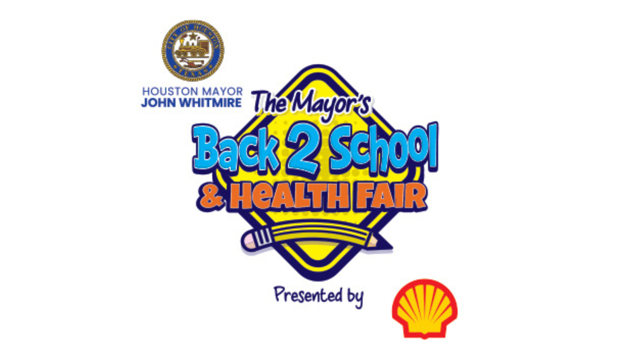 The Mayor's Back 2 School & Health Fair logo featuring the city of Houston seal and Shell Oil Company logo.