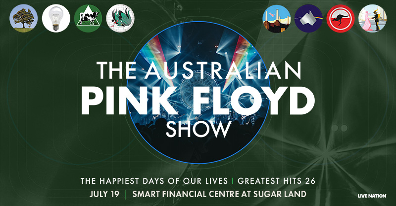 The Australian Pink Floyd Show logo on a green background with various icons representing the band's music and imagery.