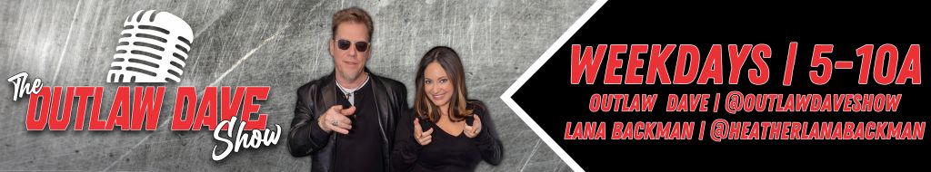 Two people, a man and a woman, standing together in a studio setting with a microphone and "The Outlaw Dave Show" branding visible.