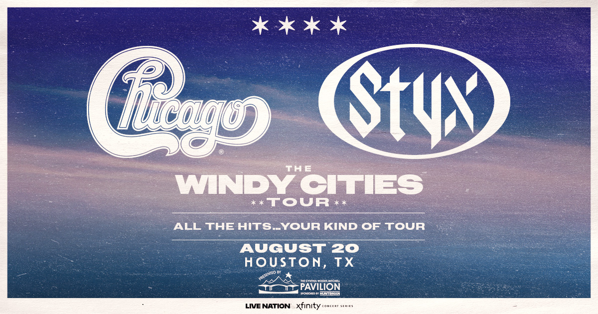 Poster for "The Windy Cities Tour" featuring the bands Chicago and Styx, with the tour date and location of August 20 in Houston, TX.