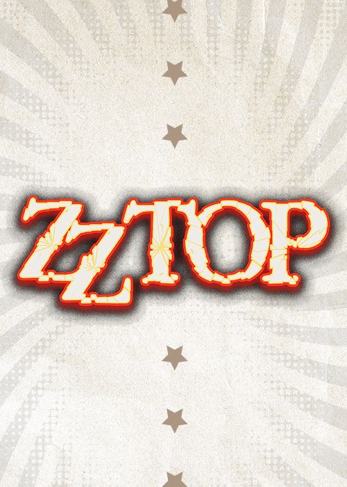 Stylized text "ZZ TOP" against a background of stars and rays.