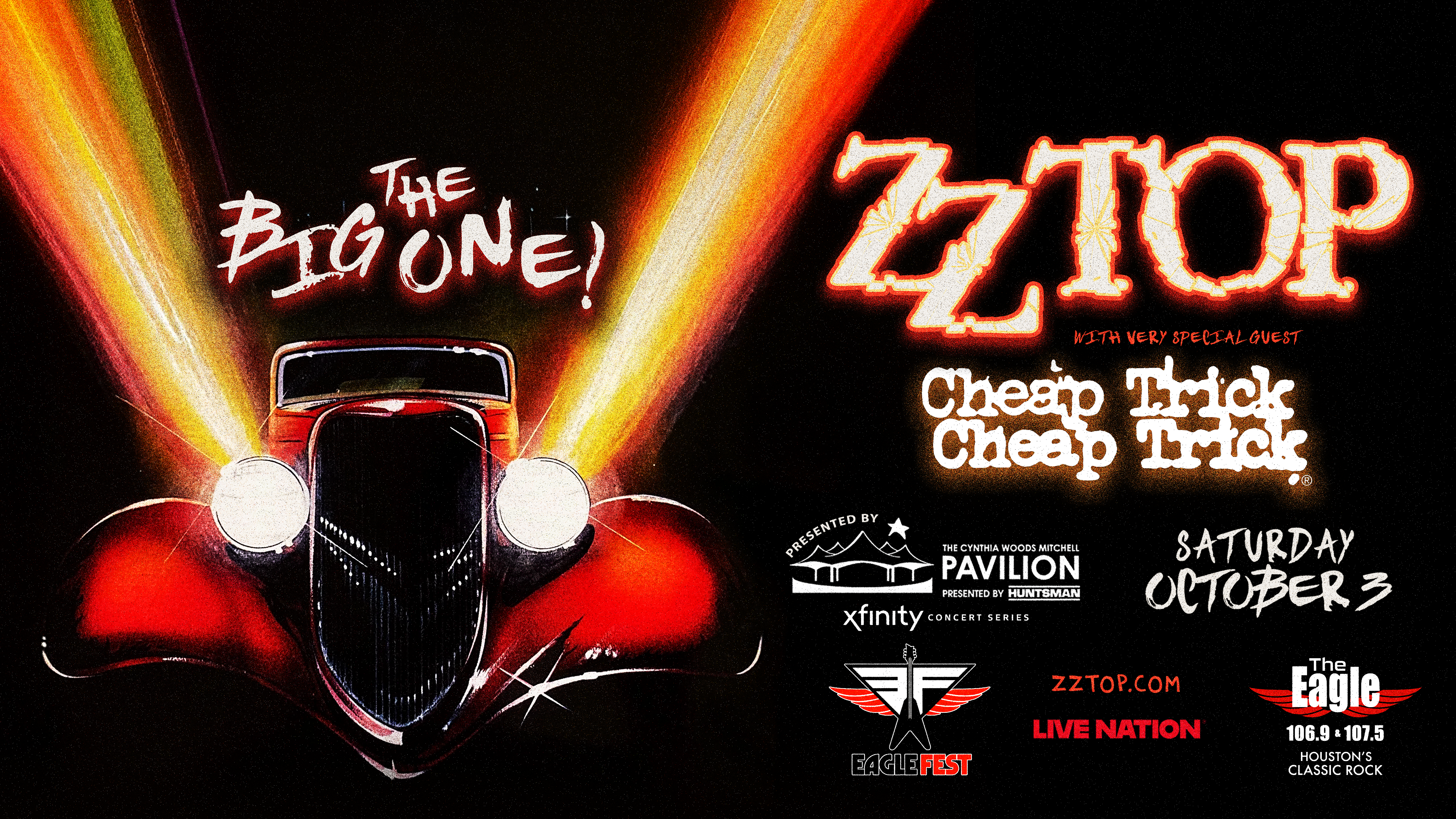 Poster for a ZZ Top concert with Cheap Trick as the special guest, presented by the Cynthia Woods Mitchell Pavilion Xfinity concert series, taking place on October 3.