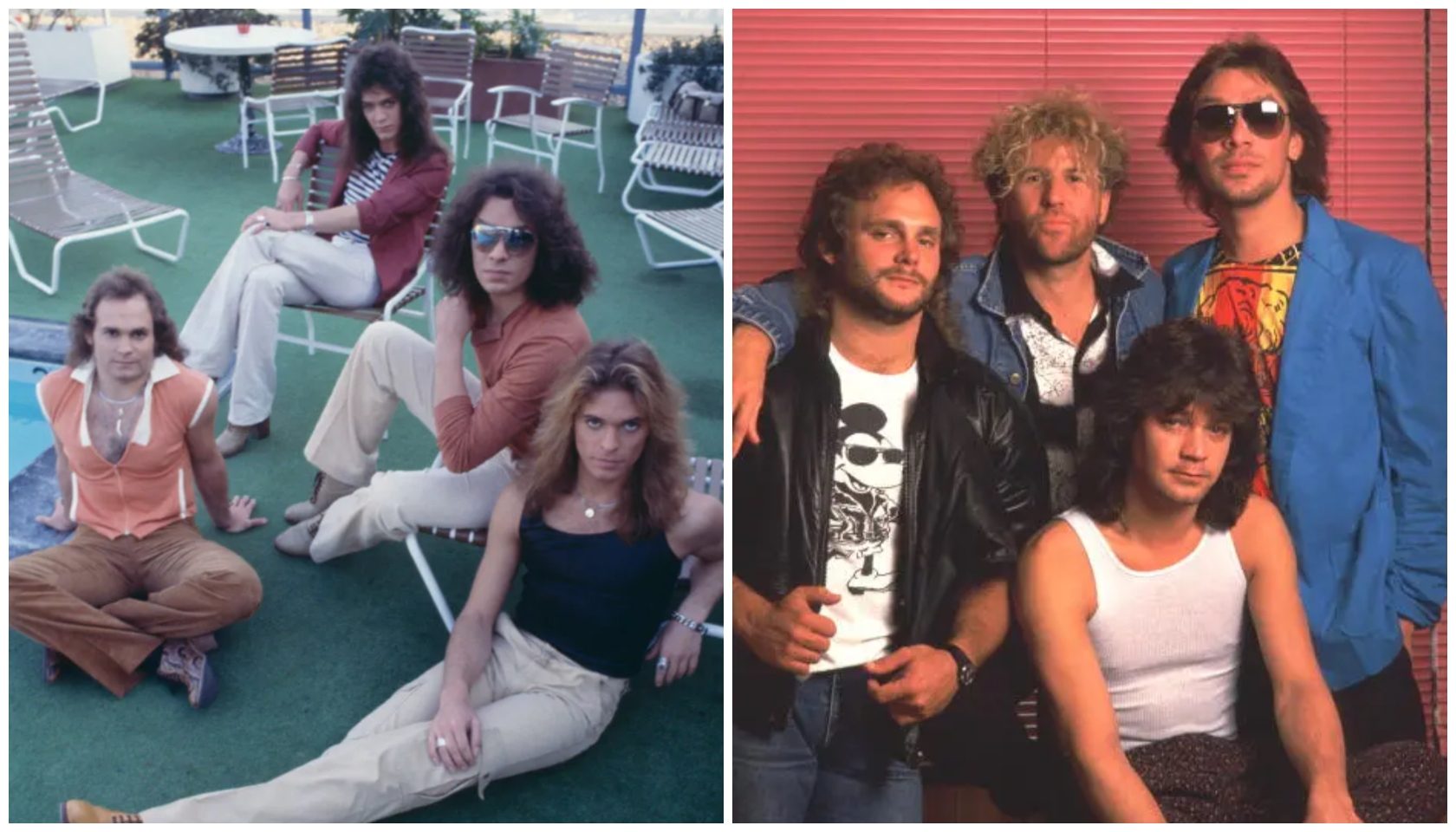 Two images showing groups of people in casual 1970s-style clothing, one outdoors and one indoors with a red background.
