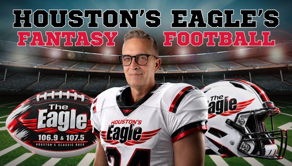 A man wearing a Houston's Eagle's football jersey and helmet stands in a football stadium, with the text "Houston's Eagle's Fantasy Football" visible.