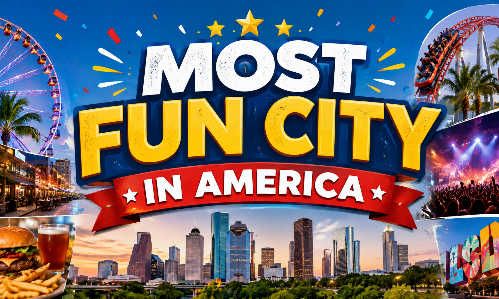 Colorful amusement park with Ferris wheel, roller coasters, and city skyline. Text reads "MOST FUN CITY IN AMERICA".