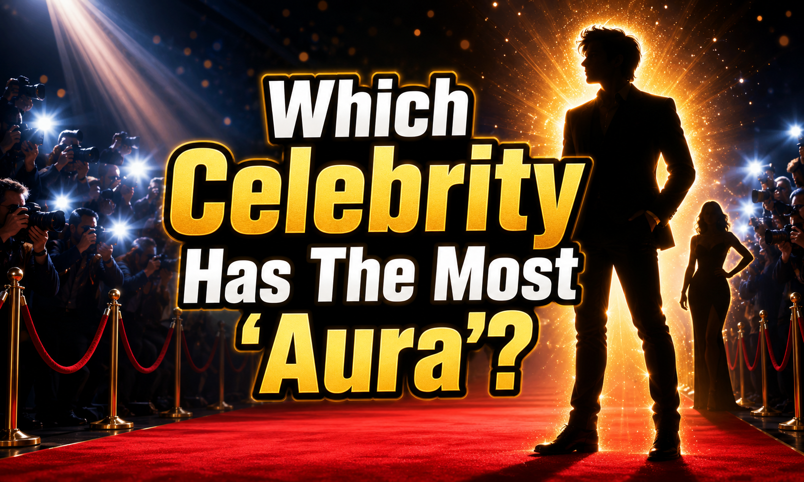 A silhouetted figure stands on a red carpet surrounded by camera flashes, with the text "Which Celebrity Has The Most 'Aura'?" displayed prominently.