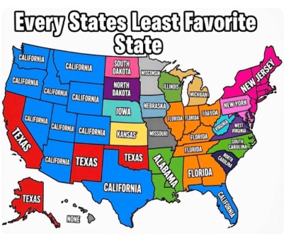 Map of the United States showing each state's least favorite state, with state names and borders clearly labeled.