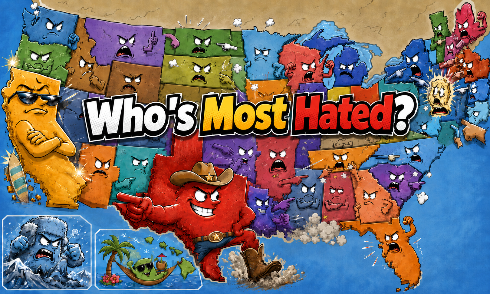 Colorful cartoon characters with angry expressions form a map of the United States, with the title "Who's Most Hated?" displayed prominently.